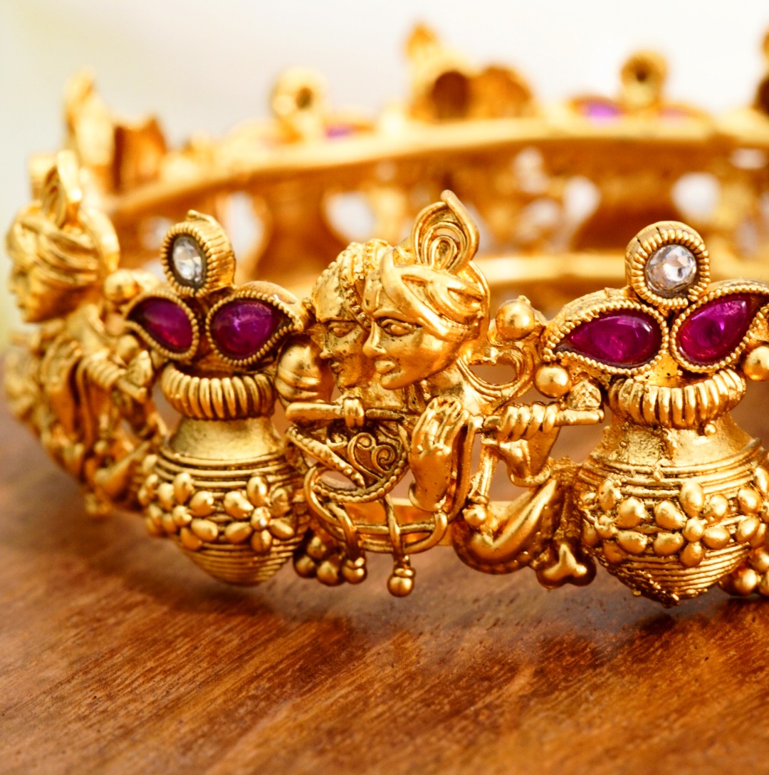 Radha Krishna Murali Brass Openable Traditional Temple Kada in 22KT Gold Plating Matte Finish