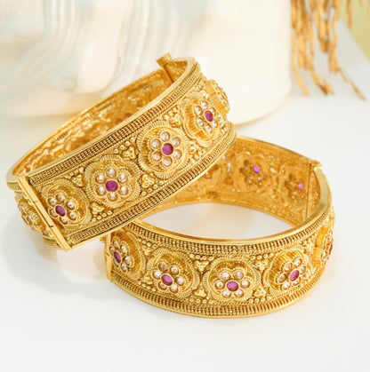 Red & transparent stones studded floral motif Broad Brass Openable Matte Finish Traditional Kada in 22KT Gold Plating