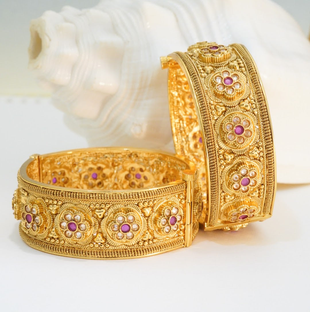 Red & transparent stones studded floral motif Broad Brass Openable Matte Finish Traditional Kada in 22KT Gold Plating