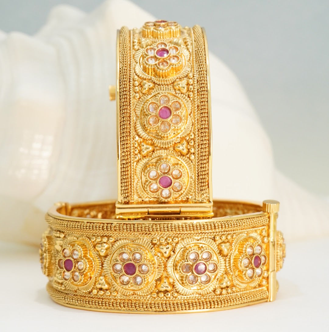 Red & transparent stones studded floral motif Broad Brass Openable Matte Finish Traditional Kada in 22KT Gold Plating