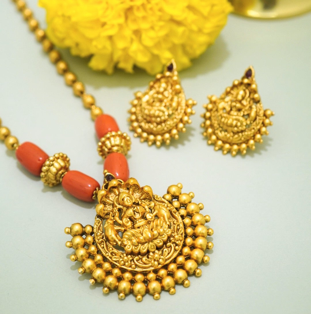 Elegant Traditional Brass Laxmi Temple Pendant Set with Stud Earrings in 18KT Gold Plating Matte Finish