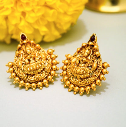 Elegant Traditional Brass Laxmi Temple Pendant Set with Stud Earrings in 18KT Gold Plating Matte Finish