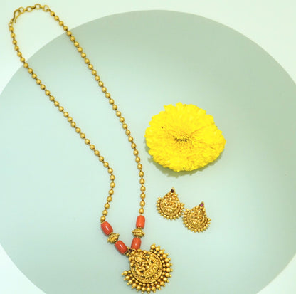 Elegant Traditional Brass Laxmi Temple Pendant Set with Stud Earrings in 18KT Gold Plating Matte Finish