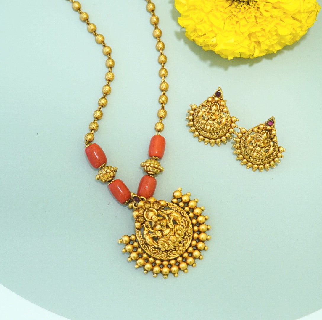 Elegant Traditional Brass Laxmi Temple Pendant Set with Stud Earrings in 18KT Gold Plating Matte Finish