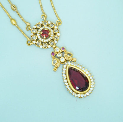 Zirconia Studded Bold Red Crystal Drop Double Chain Pendant Necklace Set with Drop Earrings in Brass