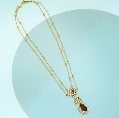 Zirconia Studded Bold Red Crystal Drop Double Chain Pendant Necklace Set with Drop Earrings in Brass