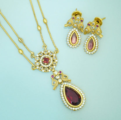 Zirconia Studded Bold Red Crystal Drop Double Chain Pendant Necklace Set with Drop Earrings in Brass