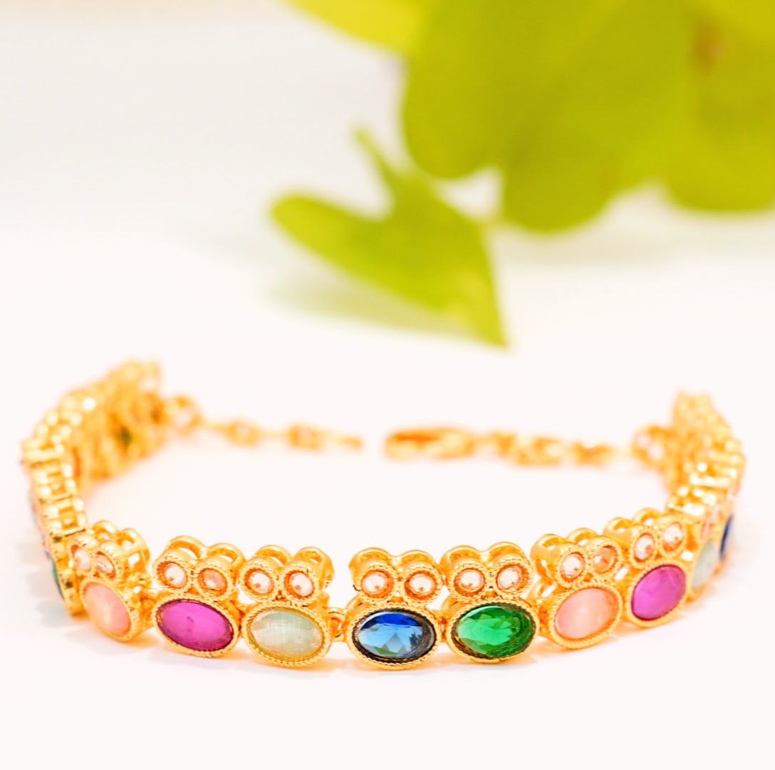 Bunny Multicoloured Crystal Linear Chain Brass Gold Plated Traditional Bracelet