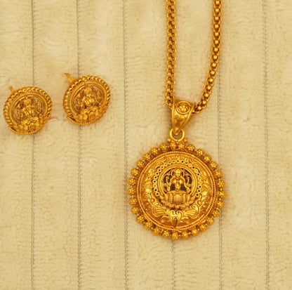 Beaded Laxmi Pendant Chain Lecklace Set in Brass Matte Finish Gold with Stud Earrings Temple Traditional Style