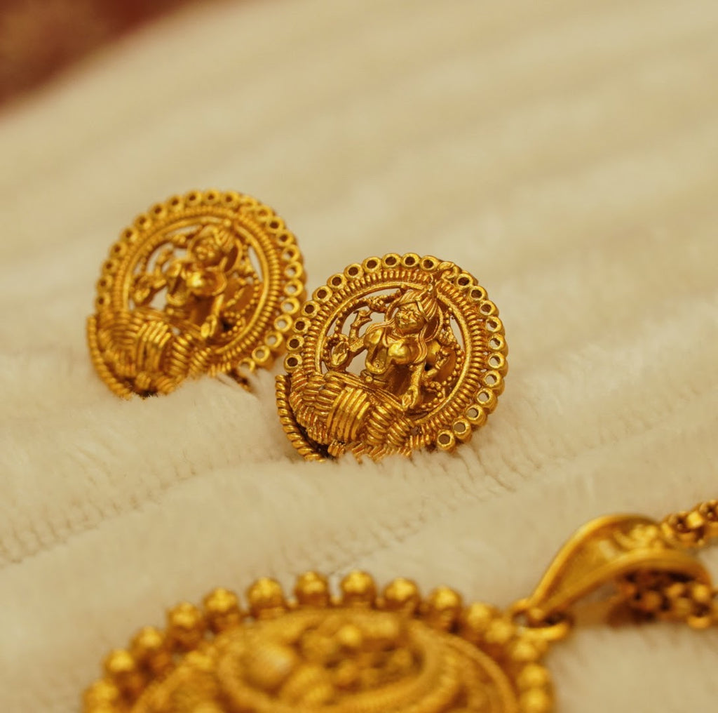 Beautiful Beaded Laxmi Temple Pendant Set in Brass with Studs