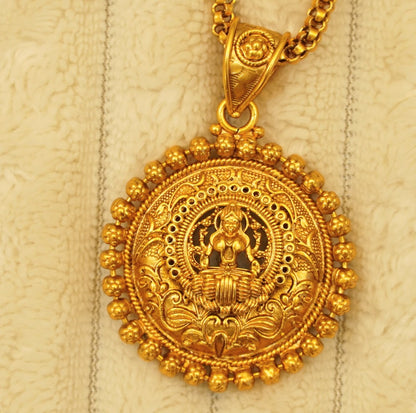 Beaded Laxmi Pendant Chain Lecklace Set in Brass Matte Finish Gold with Stud Earrings Temple Traditional Style