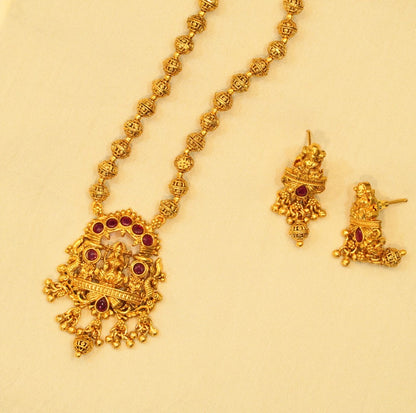 Beautiful Laxmi Pendant in Beaded Chain Traditional Temple Necklace Set with Stud Drop Earrings in Brass Matte Finish Gold