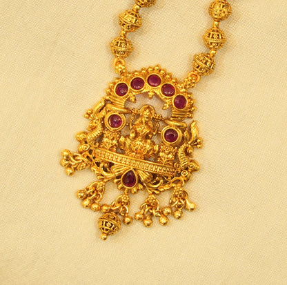 Beautiful Laxmi Pendant in Beaded Chain Traditional Temple Necklace Set with Stud Drop Earrings in Brass Matte Finish Gold