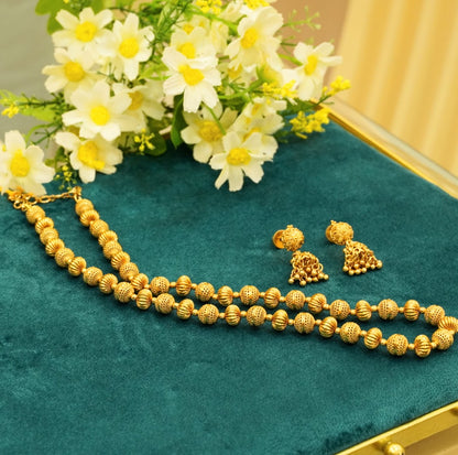 High Gold Pated Regular Beaded Traditional Necklace Set with Jhumka Earrings in Brass