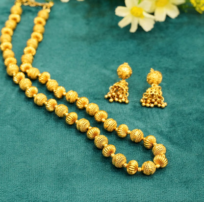 High Gold Pated Regular Beaded Traditional Necklace Set with Jhumka Earrings in Brass