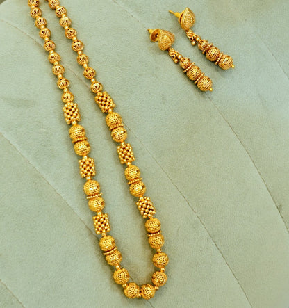 Multi sized and shaped High Gold Beaded Traditional Necklace Set with Beaded Dangler Earrings in Brass