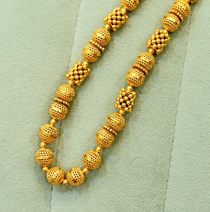 Multi sized and shaped High Gold Beaded Traditional Necklace Set with Beaded Dangler Earrings in Brass