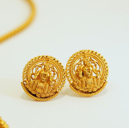 Beaded Laxmi Pendant Chain Lecklace Set in Brass Matte Finish Gold with Stud Earrings Temple Traditional Style