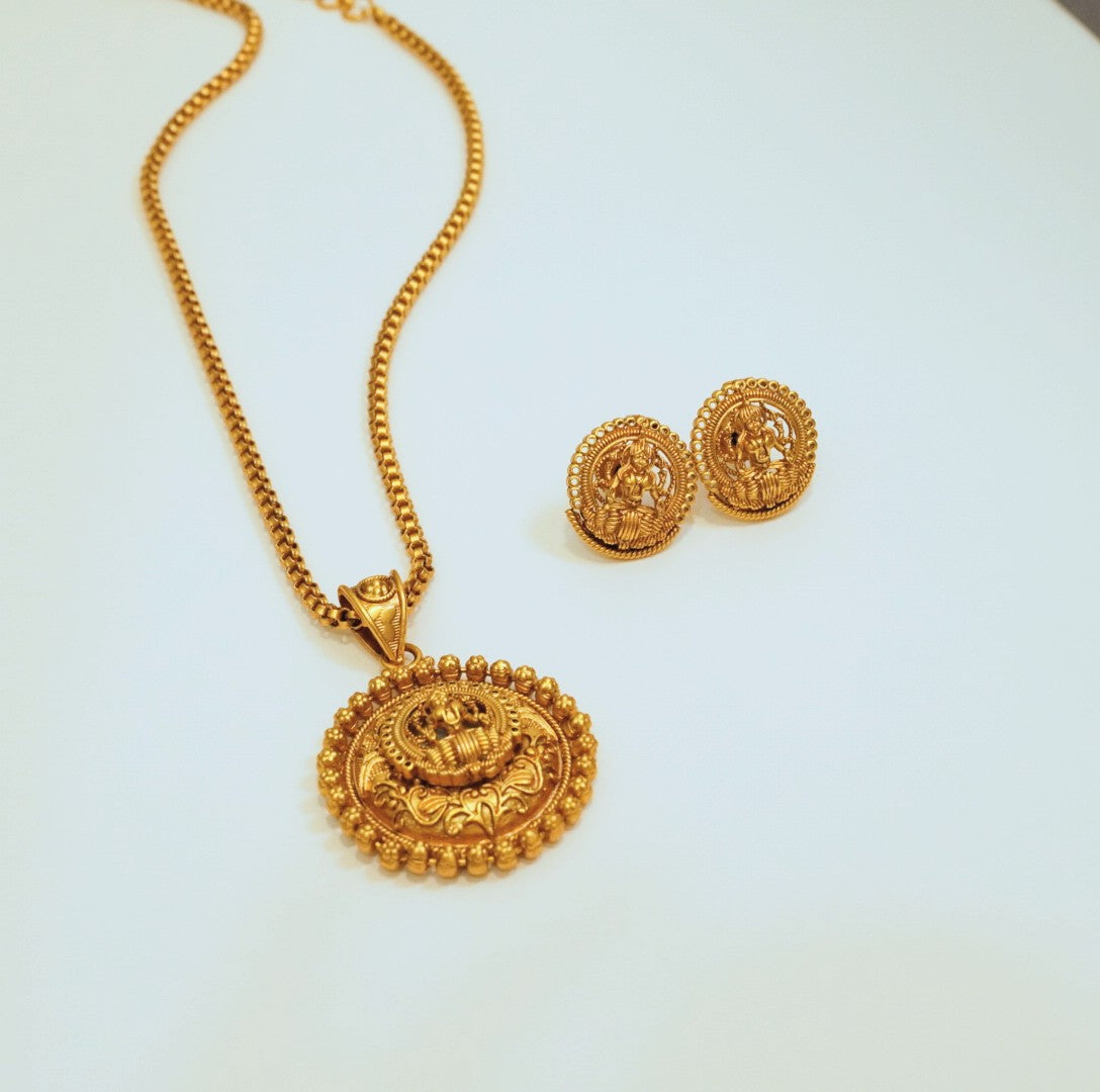 Beaded Laxmi Pendant Chain Lecklace Set in Brass Matte Finish Gold with Stud Earrings Temple Traditional Style