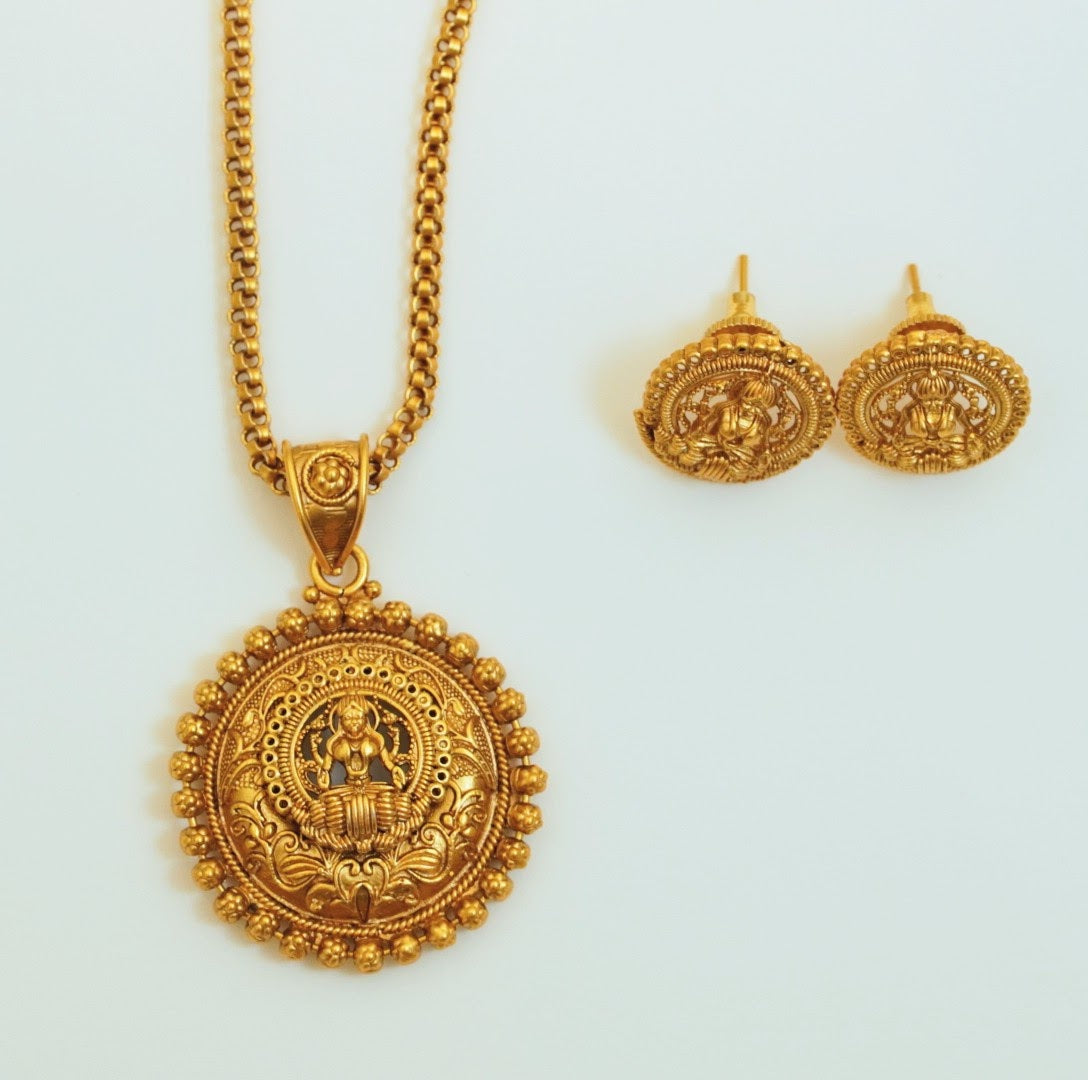 Beaded Laxmi Pendant Chain Lecklace Set in Brass Matte Finish Gold with Stud Earrings Temple Traditional Style