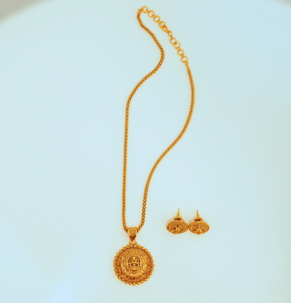 Beaded Laxmi Pendant Chain Lecklace Set in Brass Matte Finish Gold with Stud Earrings Temple Traditional Style