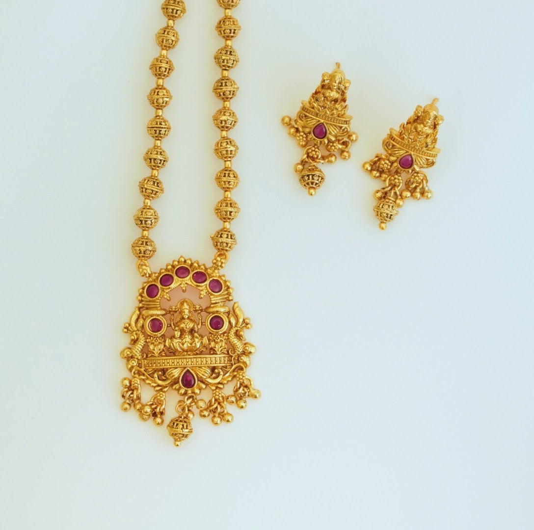 Beautiful Laxmi Pendant in Beaded Chain Traditional Temple Necklace Set with Stud Drop Earrings in Brass Matte Finish Gold