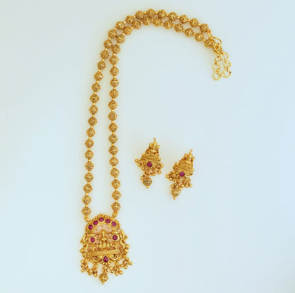 Beautiful Laxmi Pendant in Beaded Chain Traditional Temple Necklace Set with Stud Drop Earrings in Brass Matte Finish Gold