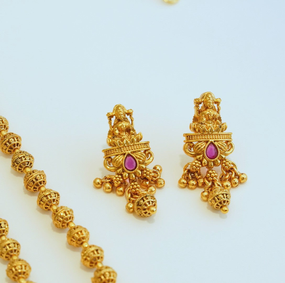 Beautiful Laxmi Pendant in Beaded Chain Traditional Temple Necklace Set with Stud Drop Earrings in Brass Matte Finish Gold