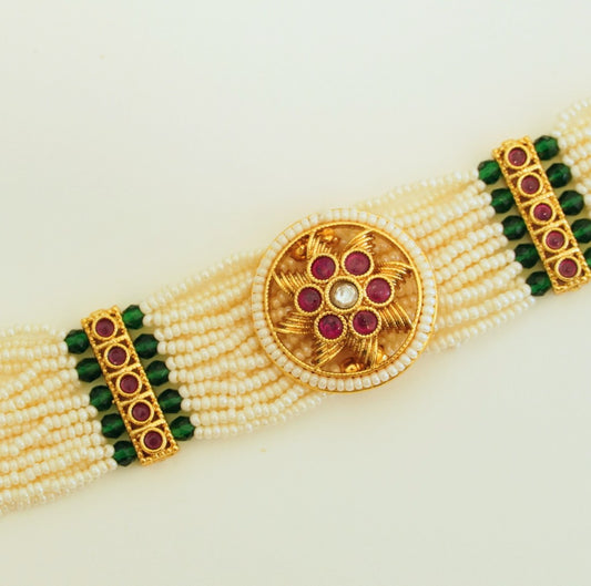 Exquisite Kemp Stone and Multicolor Beads Broad Bracelet - Traditional Indian Jewelry Design