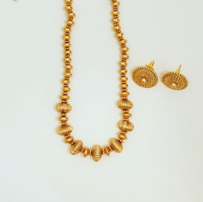 Oval Slope Down Beaded High Toned Brass Matte Finish Gold plated Necklace Set with Stud Earrings