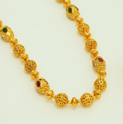 Combo - Slope Down Beaded Necklace Set in High Gold Plated Brass + 22K Gold Plated Ruby n Green Crystal  Bracelet