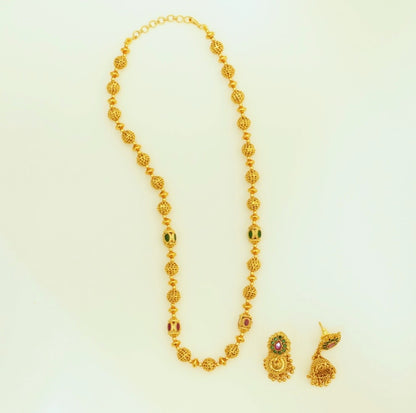 Kemp Stone Studded Slope Down Beaded Necklace Set with Jhumka Earrings in High Gold Plated Brass