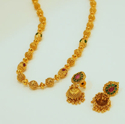 Combo - Slope Down Beaded Necklace Set in High Gold Plated Brass + 22K Gold Plated Ruby n Green Crystal  Bracelet