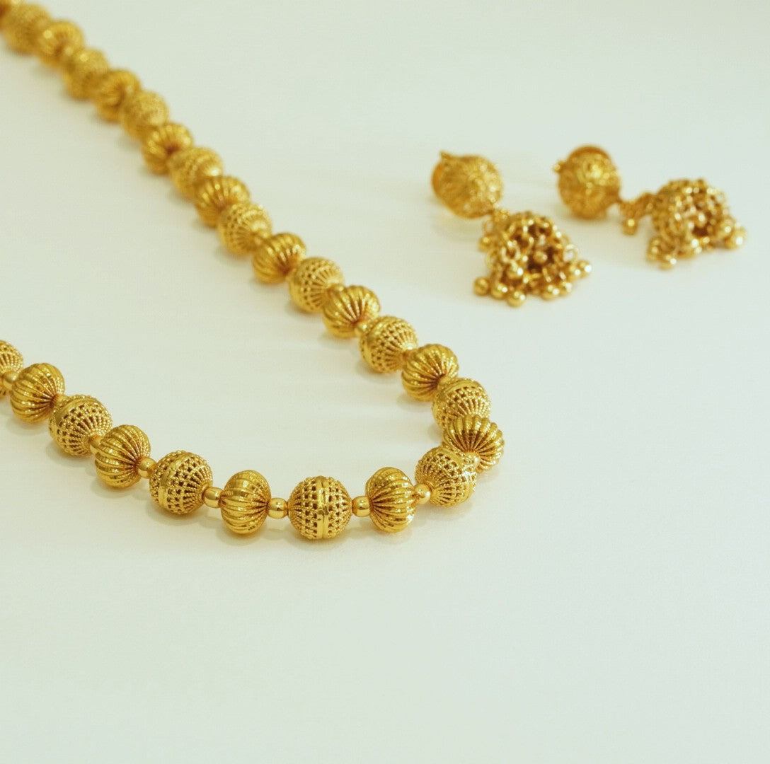 High Gold Pated Regular Beaded Traditional Necklace Set with Jhumka Earrings in Brass