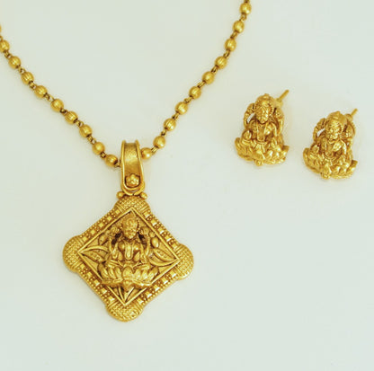 High Toned Elegant Laxmi Pendant in Small Beaded Chain with Stud Earrings Traditional Temple Brass Matte Finish Gold Necklace Set