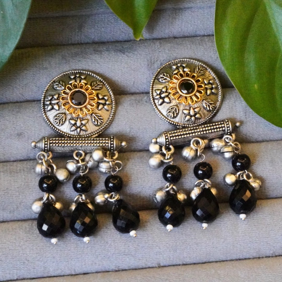 Stylish Dual-Toned Oxidized Drop Earrings with Black Jaipuri Stone n Ghungroo Accents