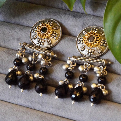 Stylish Dual-Toned Oxidized Drop Earrings with Black Jaipuri Stone n Ghungroo Accents