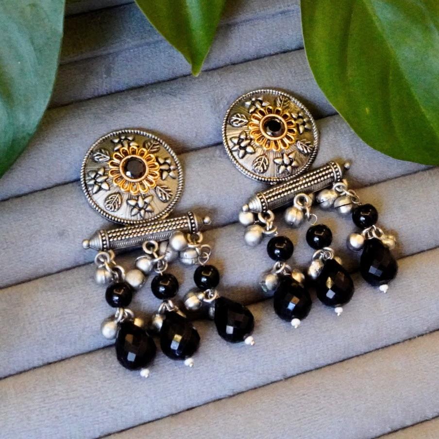 Stylish Dual-Toned Oxidized Drop Earrings with Black Jaipuri Stone n Ghungroo Accents