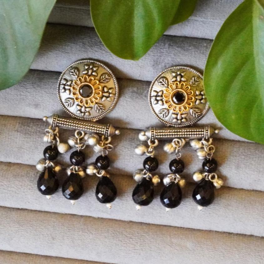 Stylish Dual-Toned Oxidized Drop Earrings with Black Jaipuri Stone n Ghungroo Accents