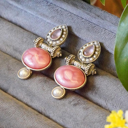 Graceful Pink Jaipur Stone Stud  Oxidized Earrings with Pearls in Zinc Alloy