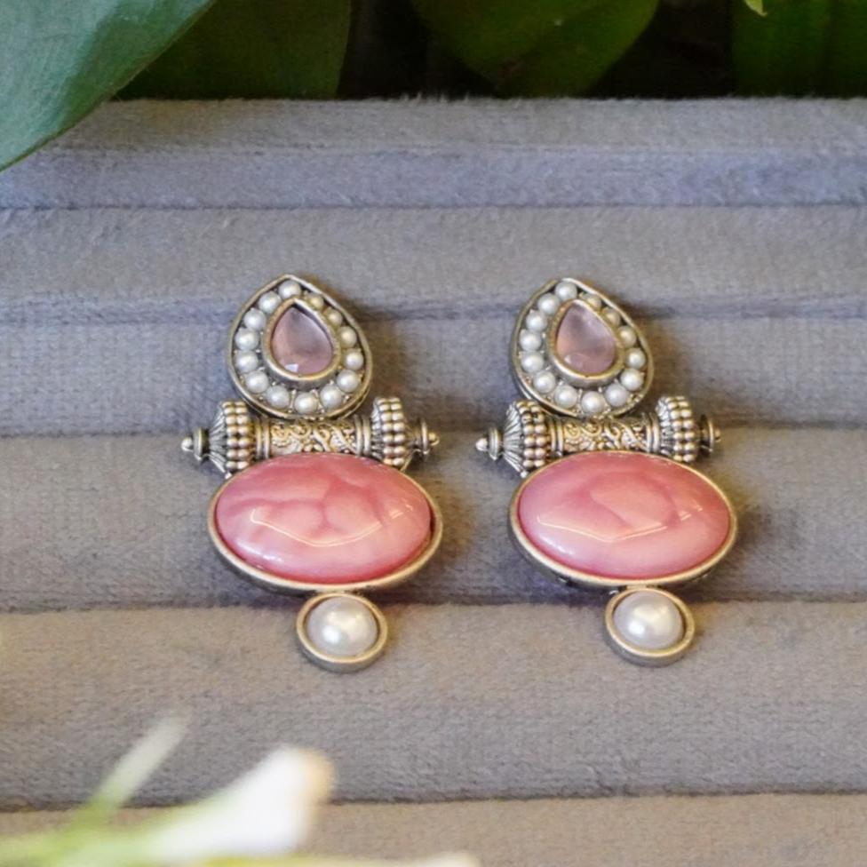 Graceful Pink Jaipur Stone Stud  Oxidized Earrings with Pearls in Zinc Alloy