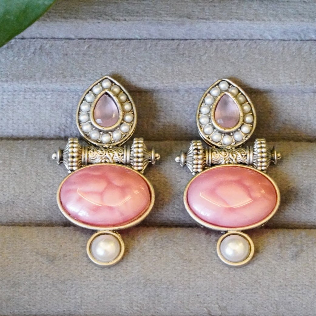 Graceful Pink Jaipur Stone Stud  Oxidized Earrings with Pearls in Zinc Alloy