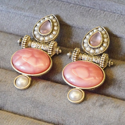 Graceful Pink Jaipur Stone Stud  Oxidized Earrings with Pearls in Zinc Alloy