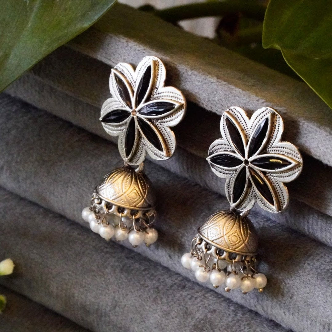 Exquisite Floral Jhumkas with Jaipuri Stones and Pearls Zinc Oxidized Earring