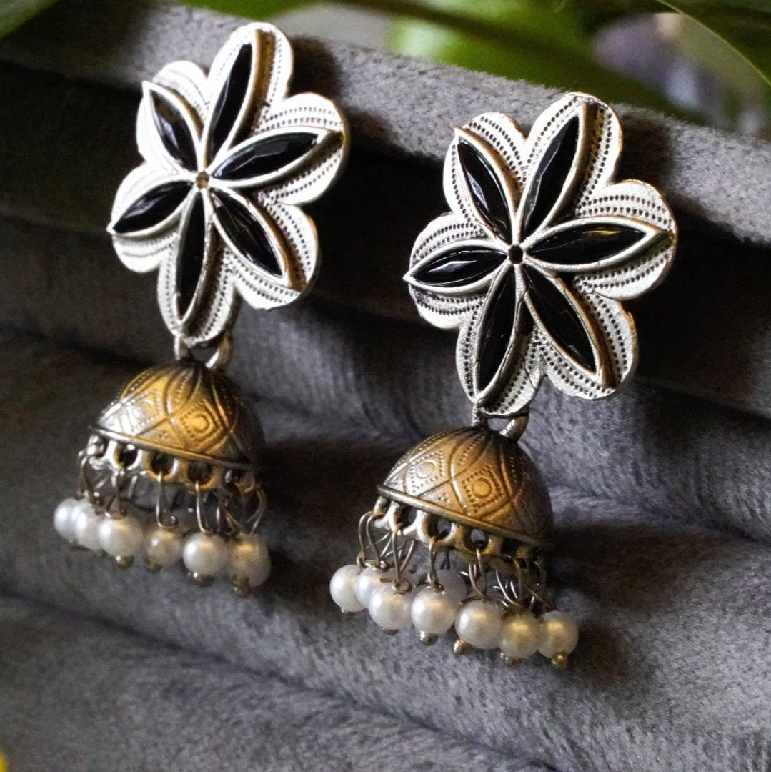 Exquisite Floral Jhumkas with Jaipuri Stones and Pearls Zinc Oxidized Earring