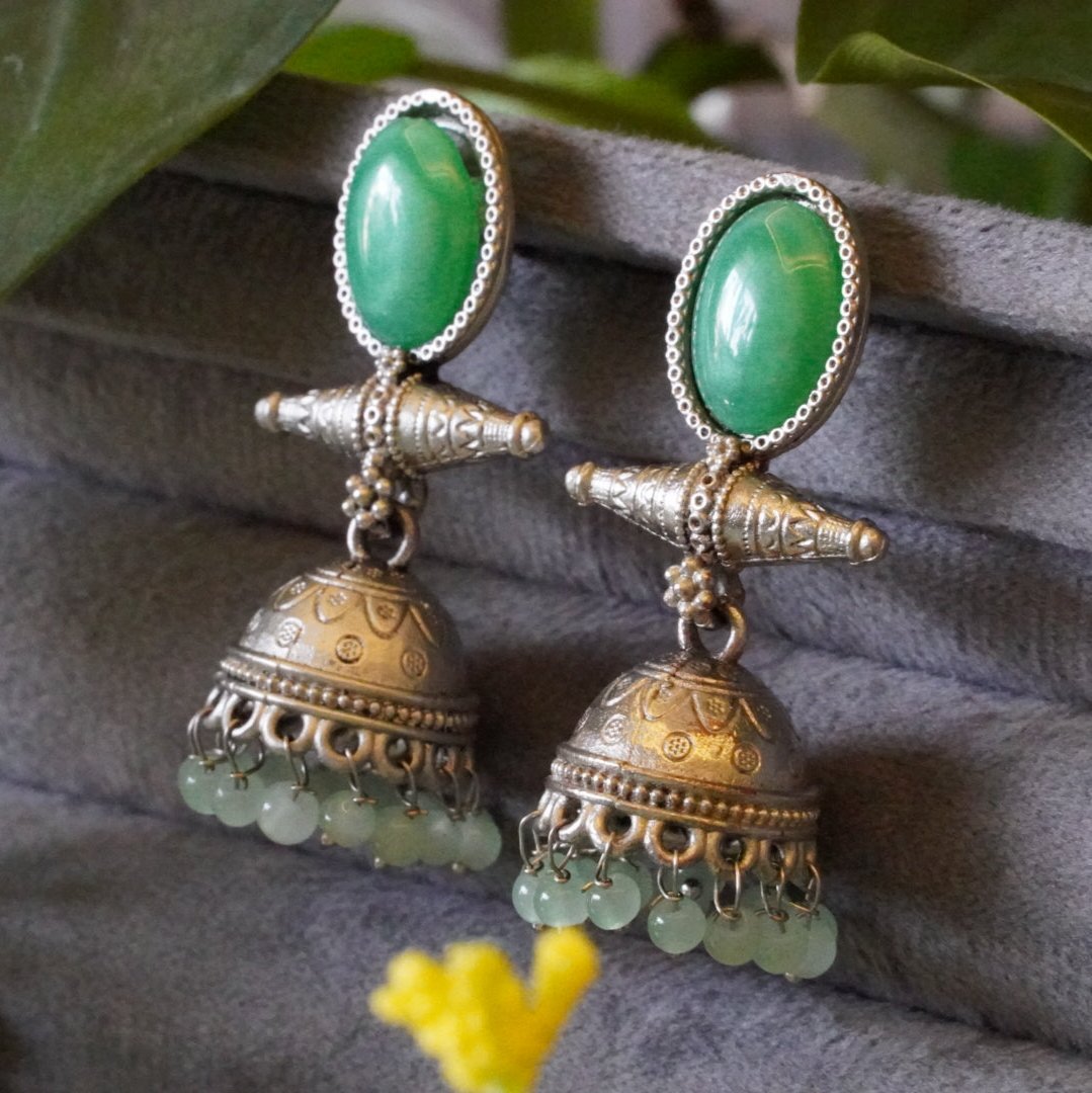Mint Green Oxidized Jhumka Earrings