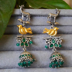 Ornate Deer-Bird Design Dual toned Oxidized Jhumka Earrings