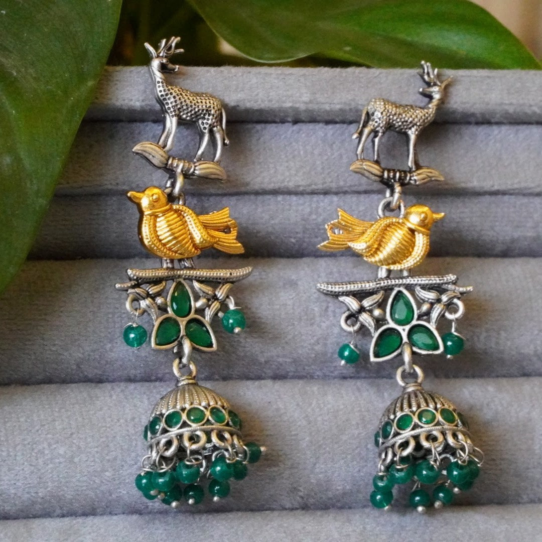 Ornate Deer-Bird Design Dual toned Oxidized Jhumka Earrings