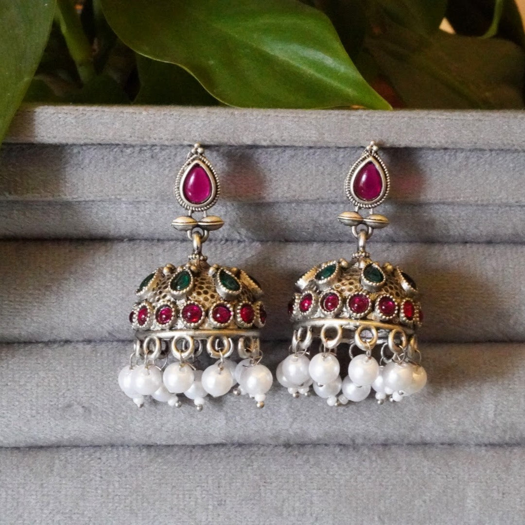 Jaipuri Stone & Pearl Oxidized Jhumka Earrings