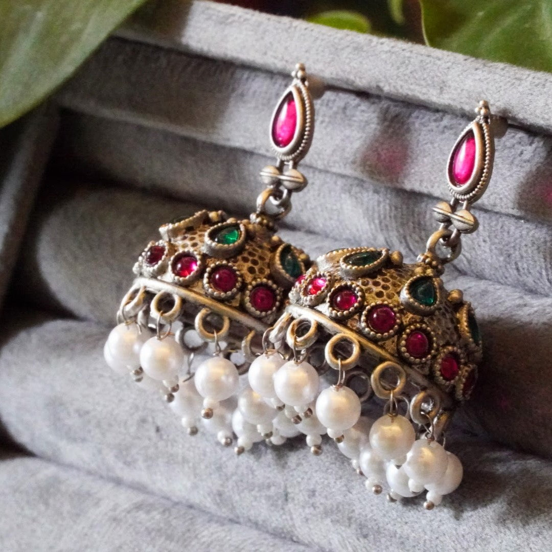 High-Look Jaipuri Stone and Pearl Studded Oxidized Jhumkas